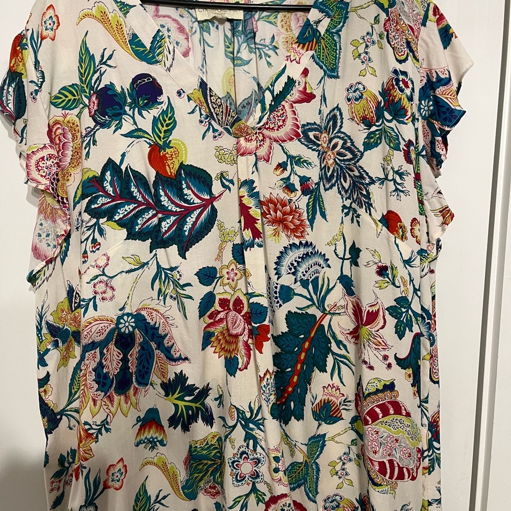 Cynthia Rowley Blue and Green Graphic Blouse with Mandarin Collar